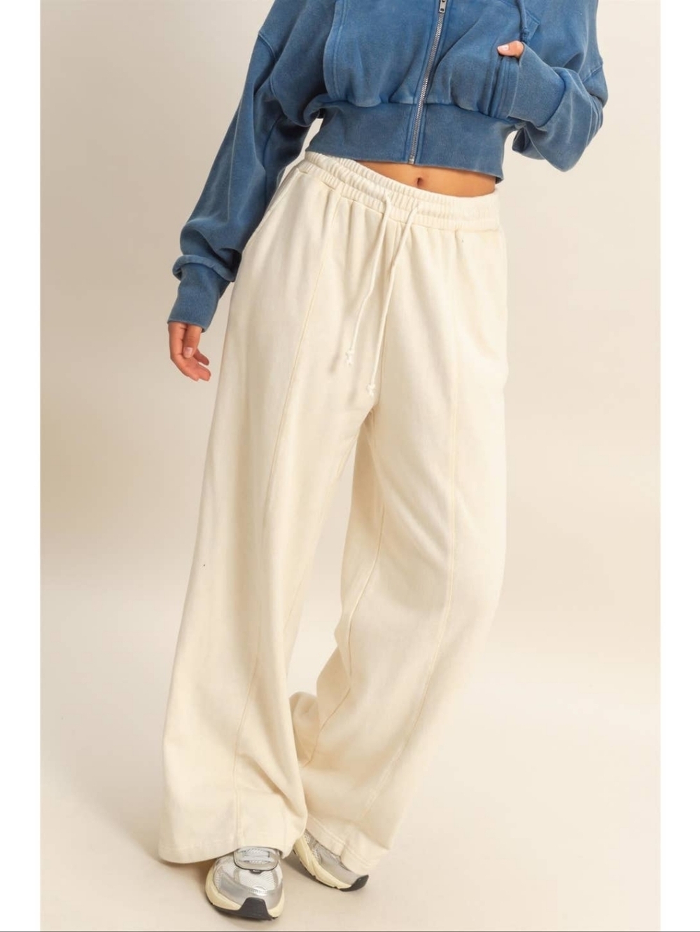 Double Zero Cream Cotton Blend French Terry Wide Leg Acid Wash Joggers